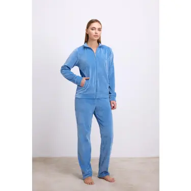 LYYN Uzun Kollu Fermuarlı Kadife Sweatshirt Ve Pantolon Pijama Takımı