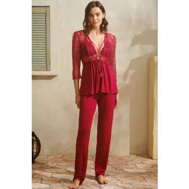 LYYN Viskon Dantelli Sabahlık Yaka Detaylı Sırt Dekolteli Bustiyer Sütyen Ve Pantolon Pijama 3lü Takım