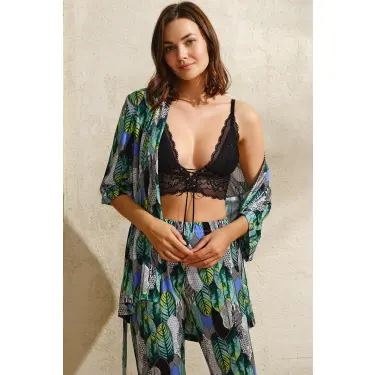 LYYN Viskon Yaprak Baskılı Sabahlık Balensiz Desteksiz Dolgusuz Dantelli Bralet Sütyen Ve Pantolon Pijama 3lü Takım