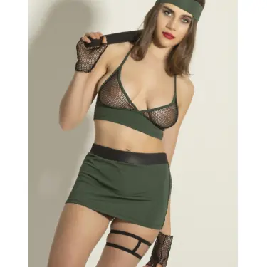 LYYN Yeşil Asker Temalı Fileli Fantazi Lingerie Takımı 5li Set