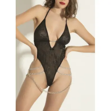 LYYN Zincir Detaylı Transparan Siyah Fantazi Body,seksi Dantel Tek Parça Gecelik