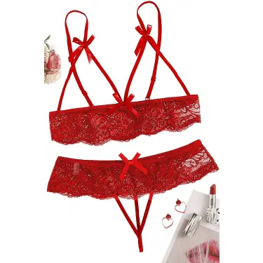 Özel Bölgesi Açık Kırmızı Fantezi Sütyen Külot Takımı