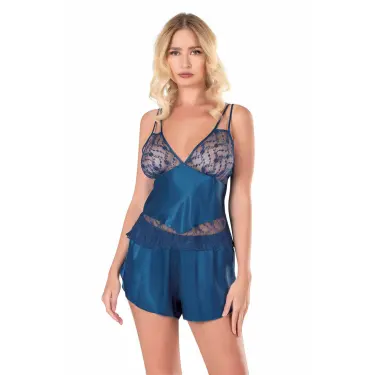 Petrol Mavisi Saten Babydoll Şort Takımı
