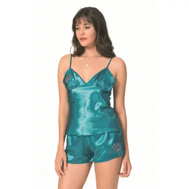 Petrol Saten Babydoll Şort Takımı