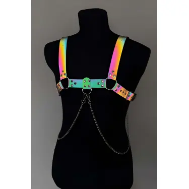 Rainbow Reflektörlü (karanlıkta Parlayan) Zincir Detaylı Şık Erkek  Göğüs Harness, Reflektörlü Clubwear - Brfm109