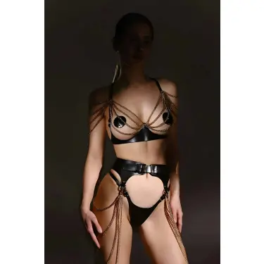 Şık Deri Zincirli Göğüs Ve Bel Harness Takım - Brf1242