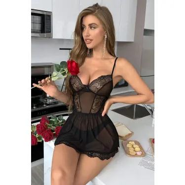 Siyah Dantel Detaylı Transparan Gecelik 15732