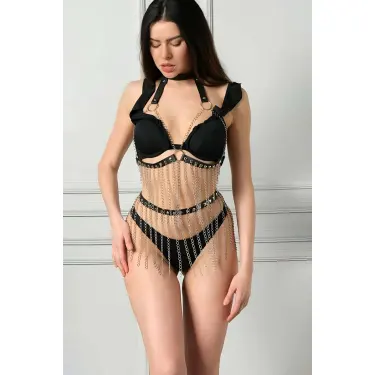 Siyah Deri Zincirli Harness Takım - Brf504