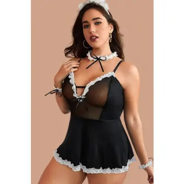 Siyah Kadın Hemşire Modeli Göğsü Tül İle İşlenmiş Şık Kostüm 50899BT