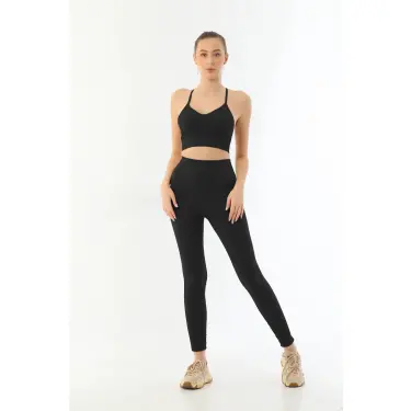 SİYAH MI Emay 3921 Soft Seamless Ripli Tayt Yoga Takımı