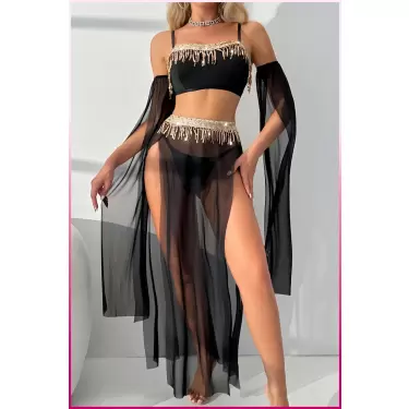 Siyah Pul Aksesuarlı Tül Etekli Kadın Seksi Gecelik