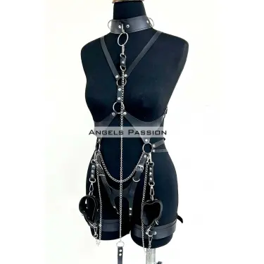 Tasma Ve Zincir Detaylı Şık Deri Harness, Deri Fantezi Giyim- Brf1225