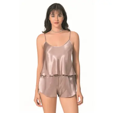 Vizon Saten Babydoll Şort Takımı
