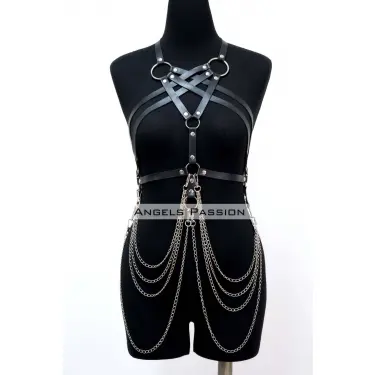 Zincir Detaylı Deri Göğüs Harness, Deri Fantezi Giyim, Elbise Aksesuar - Brf11