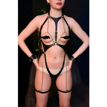 Zincir Detaylı Şık Deri Harness Takım, Kelepçeli Fantezi Giyim - Brf1098