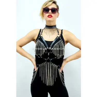 Zincirli Deri Harness, Deri Dansçı Kostüm, Choker Detaylı Deri Harness - Brf1397