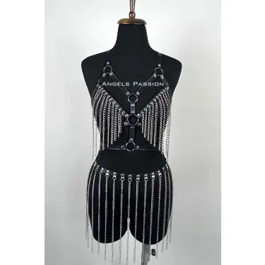 Zincirli Harness Takım, Deri Zincirli Etek Takım - Brf496