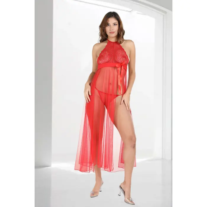Kırmızı Dantelli Tül Gecelik - M057
