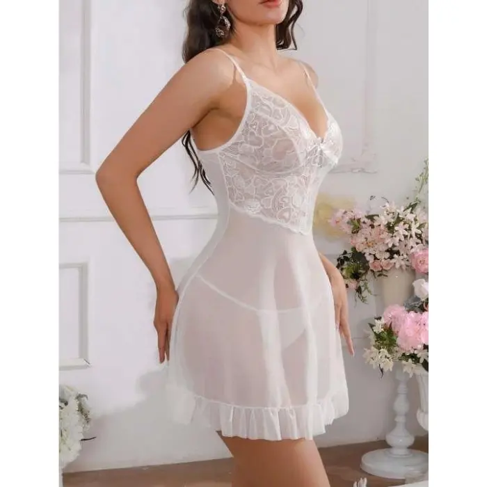 LYYN Arias Closet Beyaz Fırfırlı Dantel İşlemeli İnce Askılı Likralı Fantezi Tül Gecelik