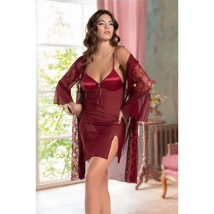 LYYN Arias Closet Bordo Transparan Dantel İşlemeli Tül Yırtmaçlı 2li Gecelik Takımı