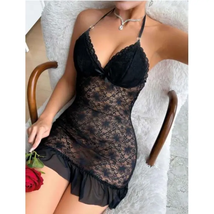 LYYN Arias Closet Siyah Dantel İşlemeli Boyundan Bağlamalı Likralı Fantezi Tül Gecelik