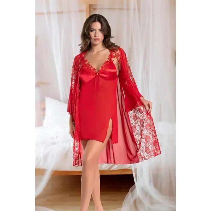 LYYN Arias Closet Transparan Dantel İşlemeli Tül Yırtmaçlı 2li Kırmızı Gecelik Takımı