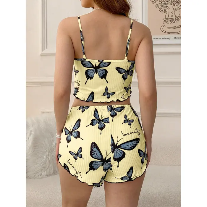 LYYN Kadın Sarı Kelebek Desenli Askılı Şortlu Ribana Pijama Takımı,rahat Ve Şık Ev Giyim,kadın Pijama