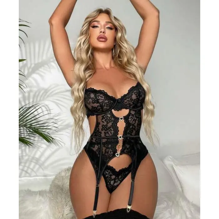 LYYN Kalp Aksesuarlı Dantelli Fantezi Siyah Jartiyer Takım