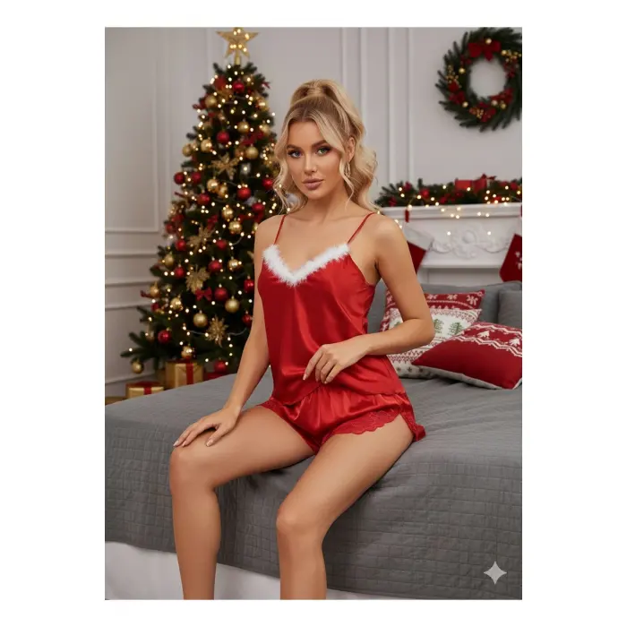 LYYN Kırmızı Saten Yılbaşı Şort Takımı