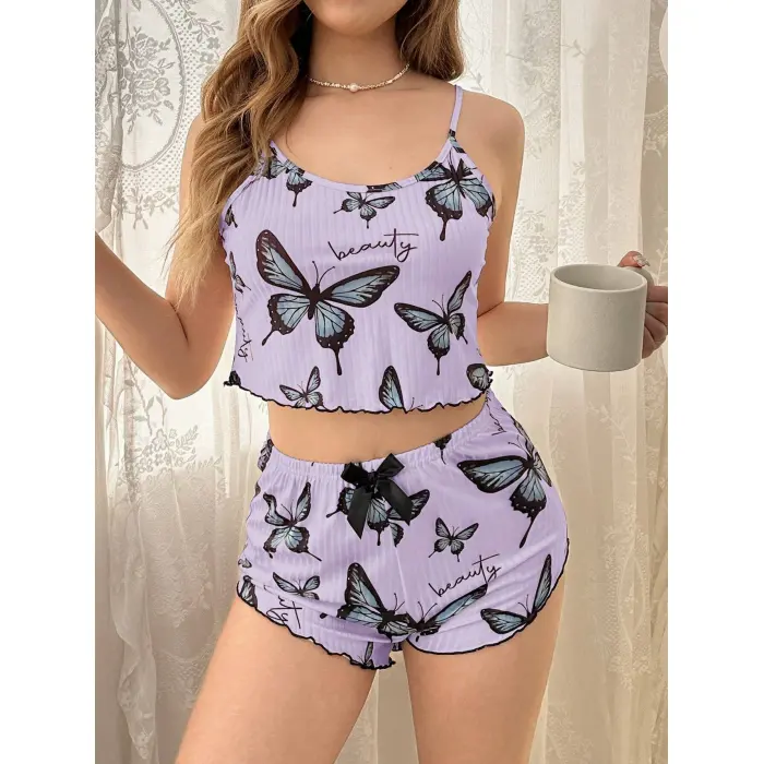 LYYN Mor Renk Kelebek Desenli Şortlu Ev Giyim Takımı,kadın Yazlık Askılı Pijama, Rahat Ve Şık Ev Giyim