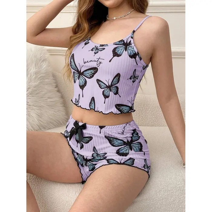 LYYN Mor Renk Kelebek Desenli Şortlu Ev Giyim Takımı,kadın Yazlık Askılı Pijama, Rahat Ve Şık Ev Giyim