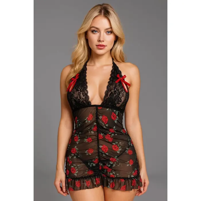 LYYN Siyah Dantel İşlemeli Gül Desenli Mini Fantezi Gecelik