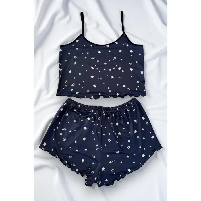 LYYN Yıldız Desenli Lacivert Askılı Şortlu Gecelik