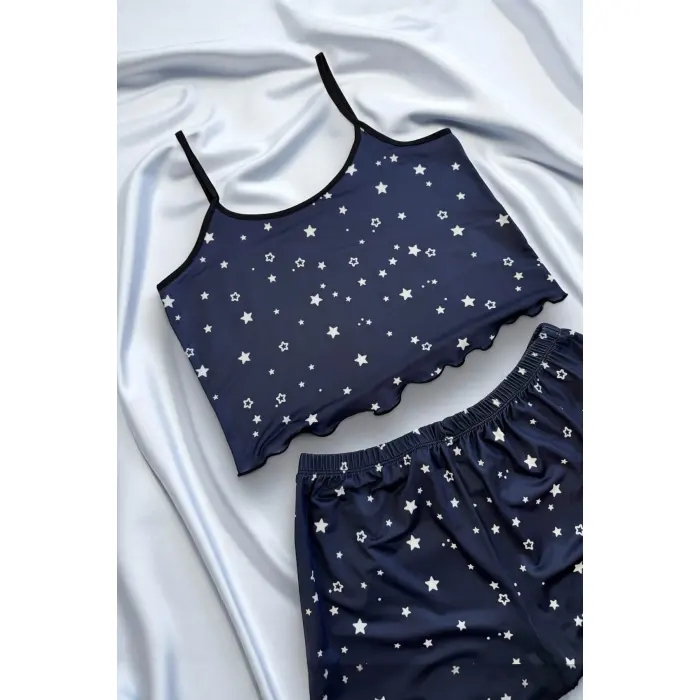 LYYN Yıldız Desenli Lacivert Askılı Şortlu Gecelik