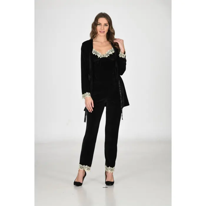 Siyah Kadife Sabahlık & Gecelik Takım 3 Lü - 1441