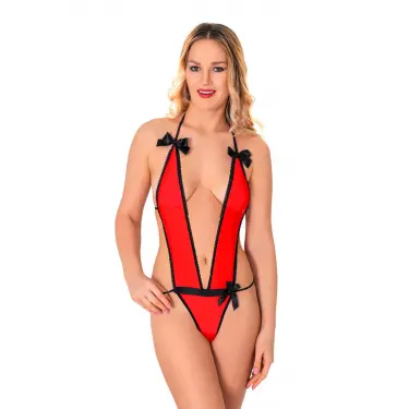 Kırmızı Lcralı Tül Bodysuit - 973