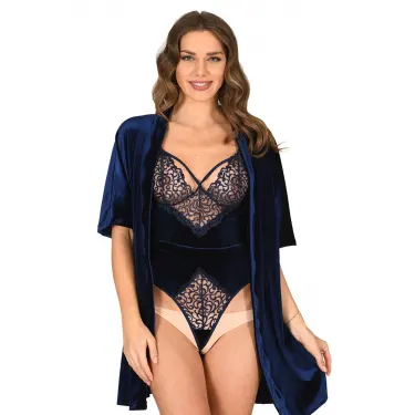 Lacivert Kadife Sabahlık & Gecelik Takım 2 Li - 1433