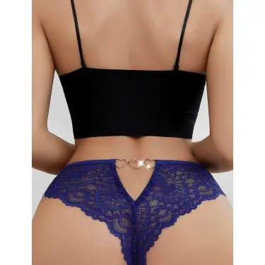 LYYN Arias Closet Mavi Dantel İşlemeli Arkası Kalp Detaylı Fantezi String Tanga