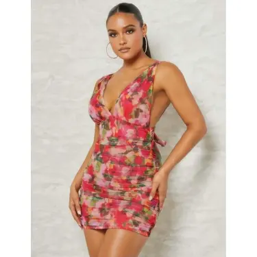 LYYN Arias Closet Çiçek Desenli Büzgülü Arkadan Bağlamalı Fantezi Elbise