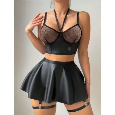 LYYN Arias Closet Siyah Etekli Pileli Jartiyer Görünümlü Fileli Fantezi Deri Elbise