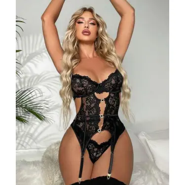 LYYN Kalp Aksesuarlı Dantelli Fantezi Siyah Jartiyer Takım