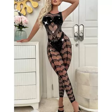 LYYN Özel Tasarım Siyah Taşlı Fantezi Vücut Çorabı