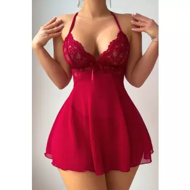 LYYN Sia Kırmızı A Kalıp Dantel Detaylı Mini Gecelik 15937