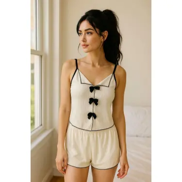 LYYN Siyah Kurdelalı Fitilli Askılı Şortlu Pijama Takımı