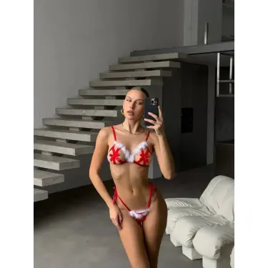 LYYN Yılbaşı Özel Tasarım Kırmızı Tüy İşlemeli Fantezi Sütyen String Takımı