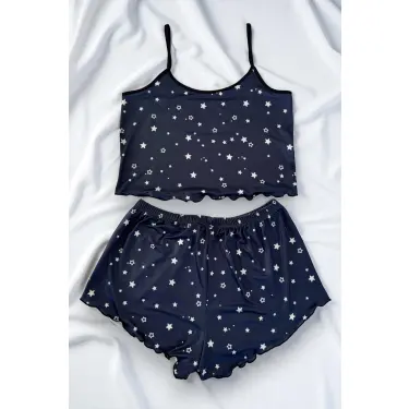 LYYN Yıldız Desenli Lacivert Askılı Şortlu Gecelik