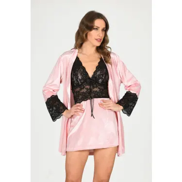 Pudra Kadife Sabahlık & Gecelik Takım 2 Li - 1446