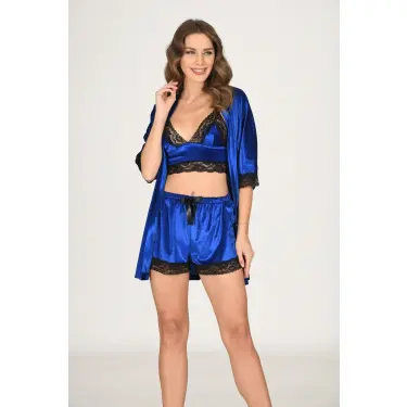Saks Mavi Kadife Dantelli Sabahlık & Gecelik Takım 3 Lü - 1436