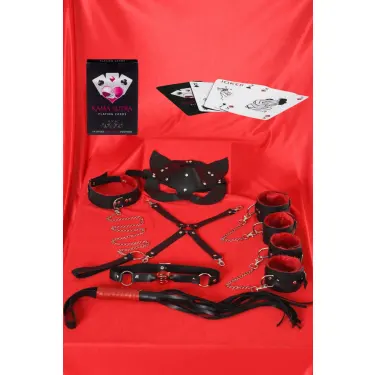 Sexy Görselli Oyun Kartı Kama Sutra 7li Kırmızı Siyah Harness Set