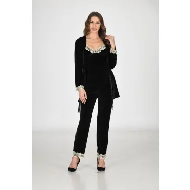 Siyah Kadife Sabahlık & Gecelik Takım 3 Lü - 1441